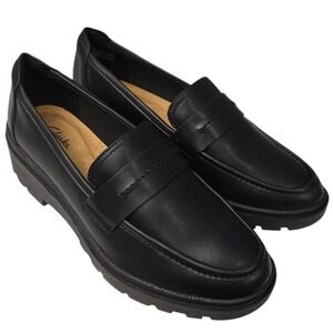 Clarks Calla Ease Penny Loafer Women 9W Black Leather Lug Sole Slip On Shoes New